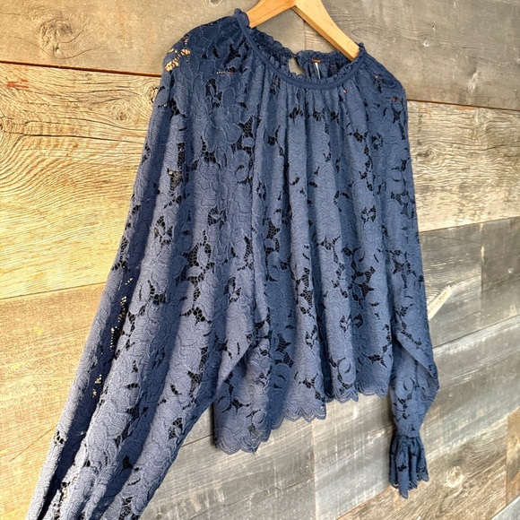 Free People Olivia Lace Top Long Sleeve Ruffle Semi-Sheer Feminine Romantic XS - Picture 6 of 14